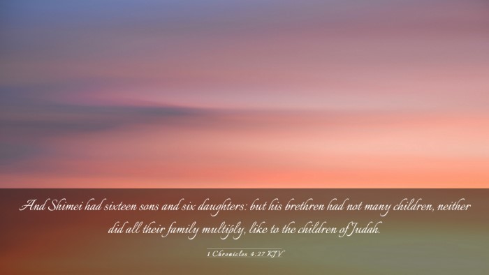 Picture 03 - 1 Chronicles 4:27 KJV Desktop Wallpaper - And Shimei had sixteen sons and six daughters: - Desktop Bible Verse Wallpaper