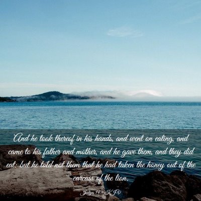 Picture 03 - Judges 14:9 KJV - And he took thereof in his hands, and went on - Bible Verse Picture