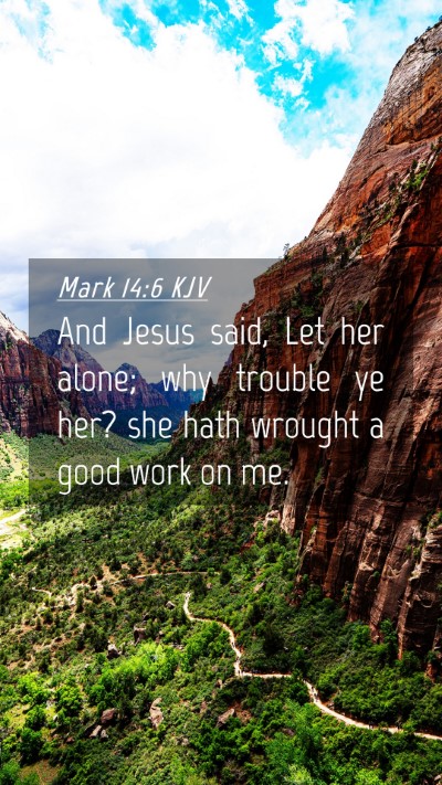 Picture 04 - Mark 14:6 KJV Mobile Phone Wallpaper - And Jesus said, Let her alone; why trouble ye - Mobile Bible Verse Wallpaper